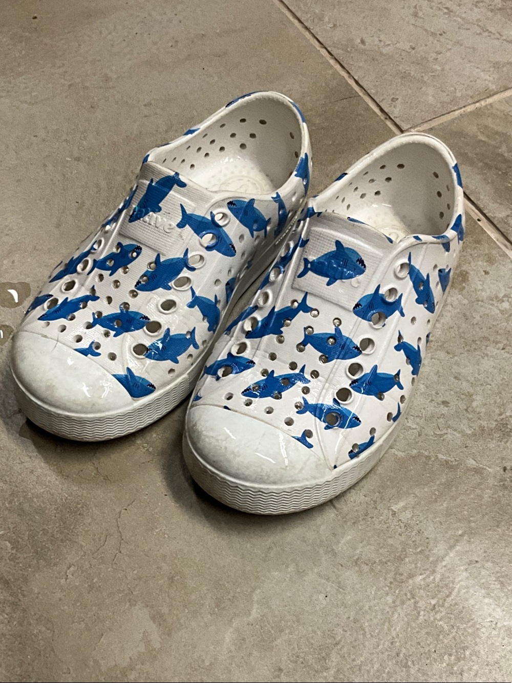 Native Kids White Water Shoes with Blue Shark Print